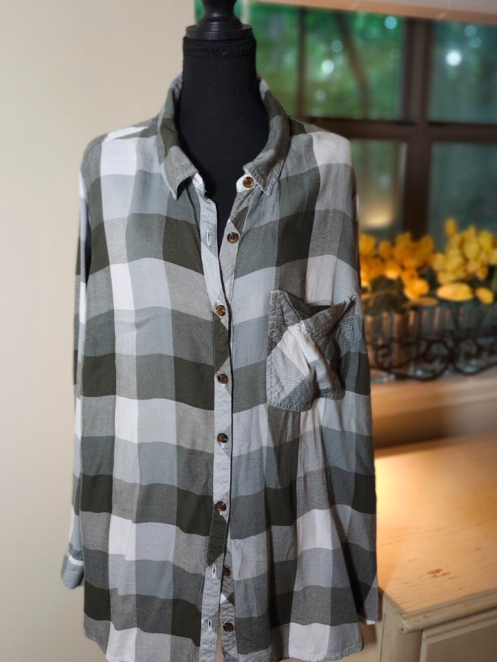 Cozy Olive Green Plaid Cotton Button Down Fall Harvest Holiday Cabin Comfy 4X